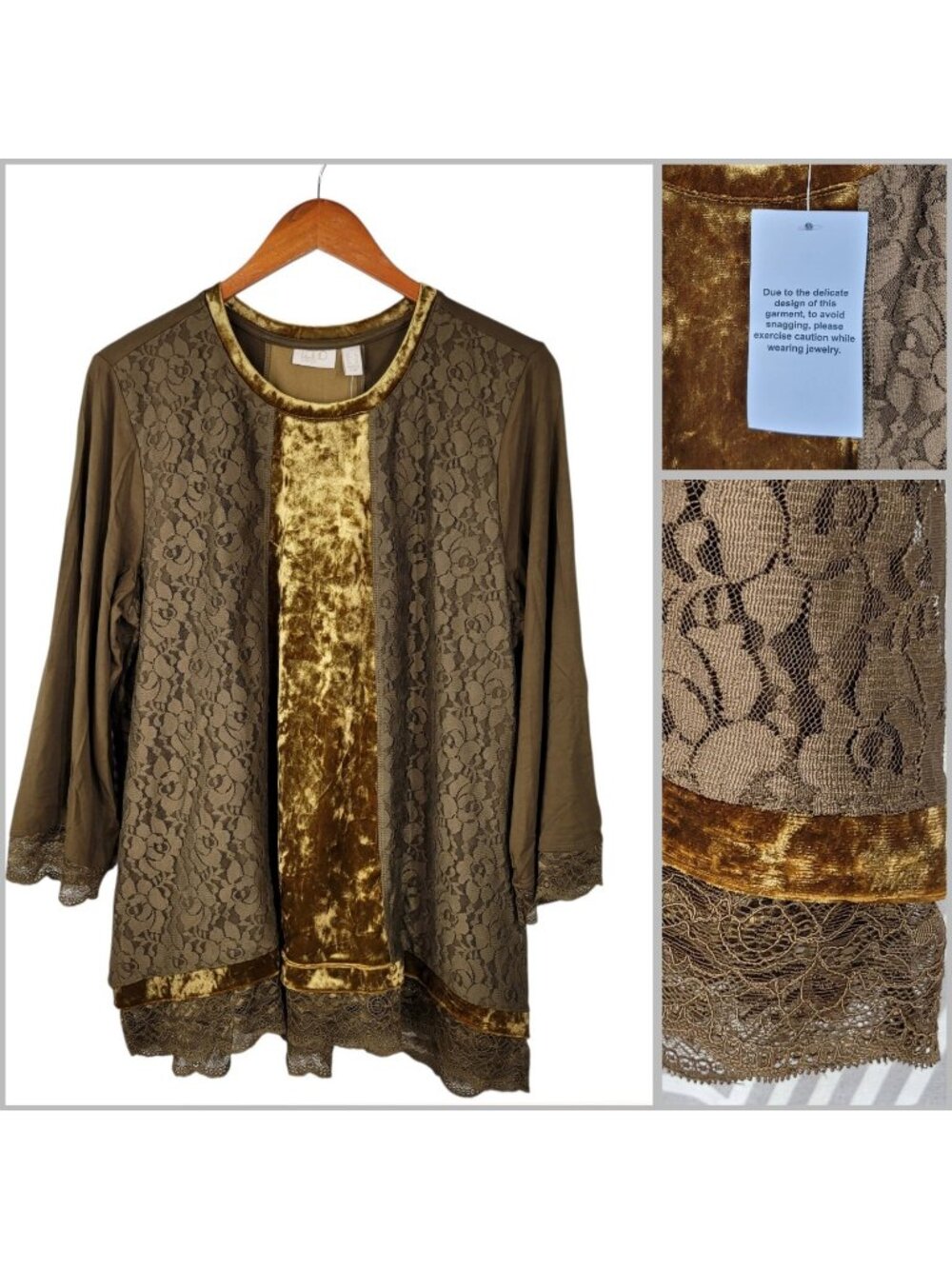 NEW Logo Lavish Lori Goldstein Brown Gold Lace Velvet Tunic Top Large Whimsical